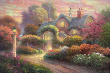 cottage cornfield Painting - Rosebud Cottage Thomas Kinkade landscape